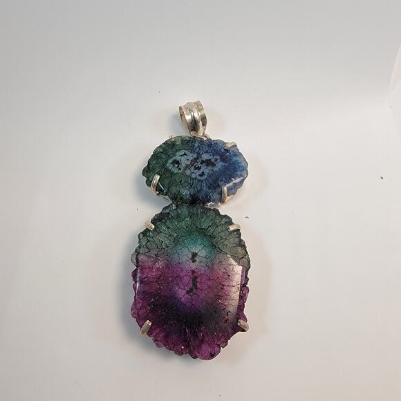 Handmade Fluorite Pendant with Green and Purple Stone in Sterling Silver Setting - Picture 1 of 10